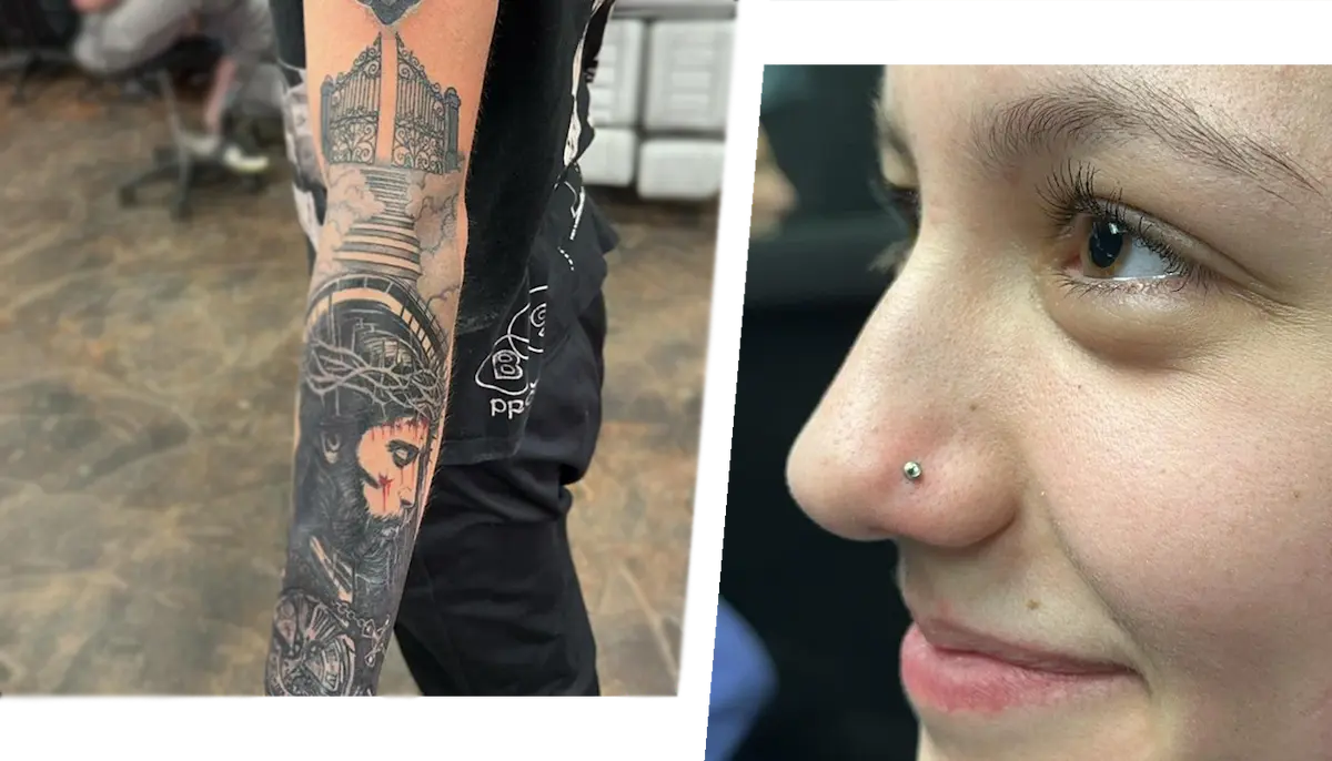 Wireframe mockup of The Ink Society homepage featuring sleeve tattoo artwork and a happy customer with new nose piercing
