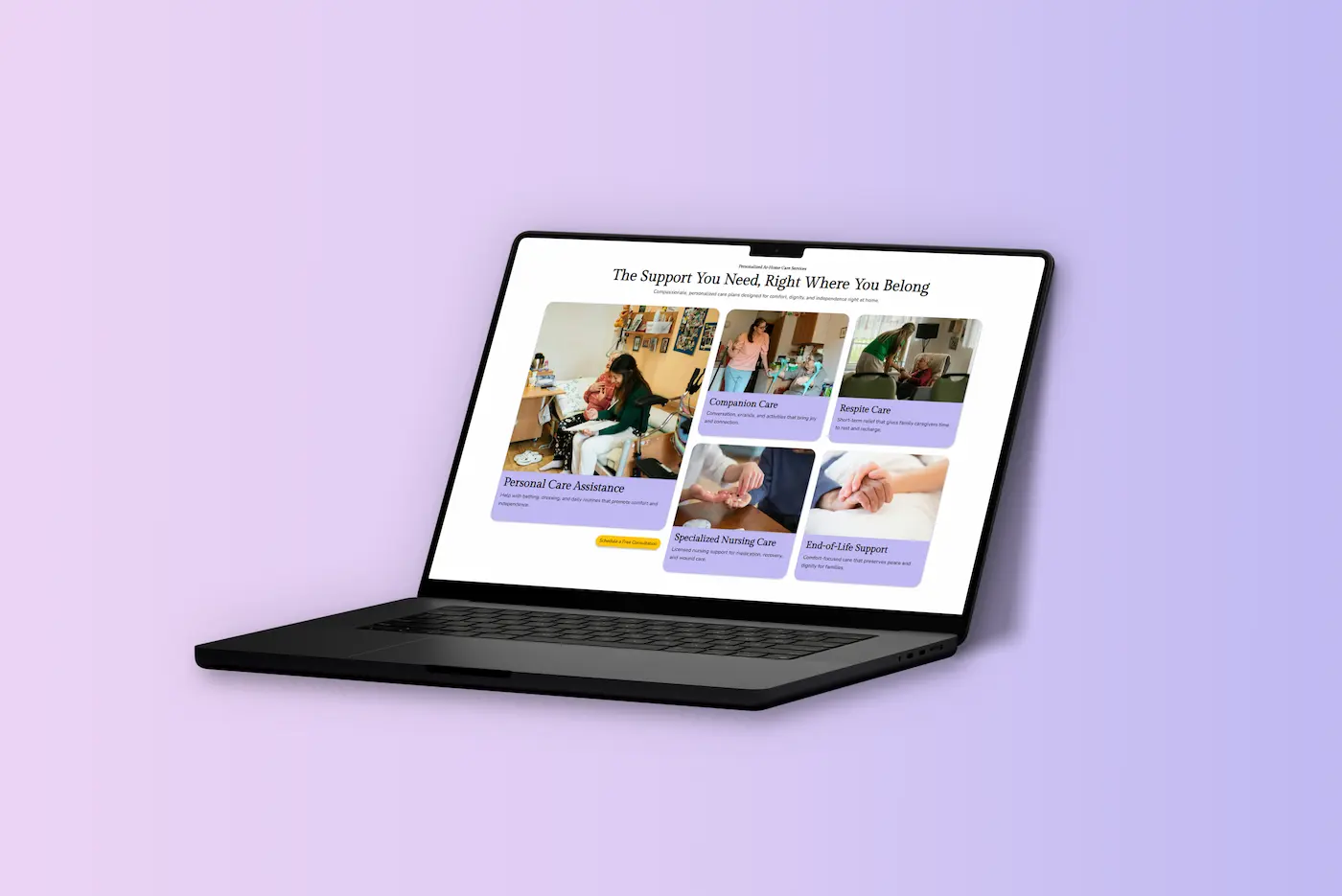 Laptop displaying services section of modern at-home nursing medical website design