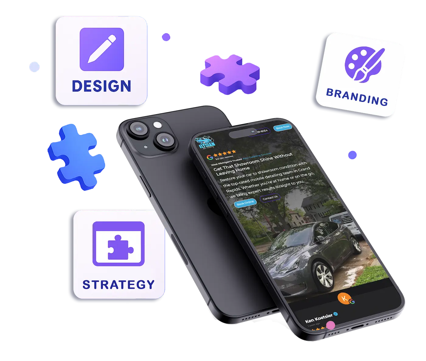 Phone of mobile responsive auto detailing landing page and illustrated website service icons