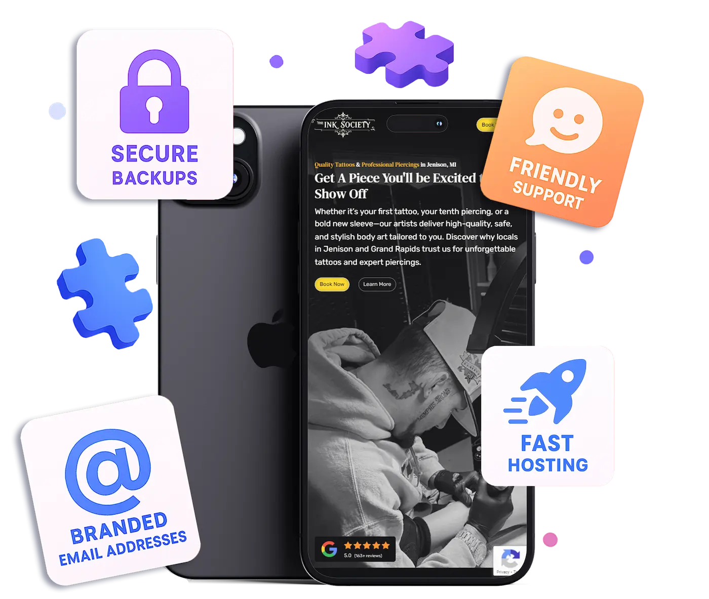 Custom, fast website on phone with illustrated data backups, branded emails, fast hosting, and support service badges