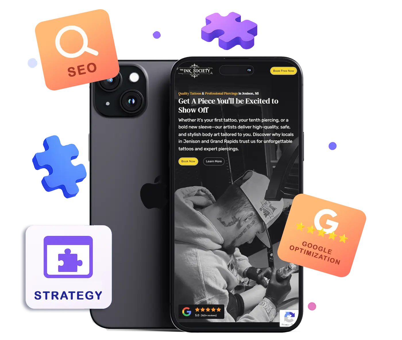 Mobile responsive tattoo phone assets with illustrated website seo, strategy, and google business profile optimization badges